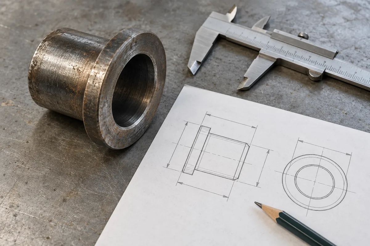 A worn flanged metal bushing beside a caliper and an unlabeled outline sketch on a workshop table.